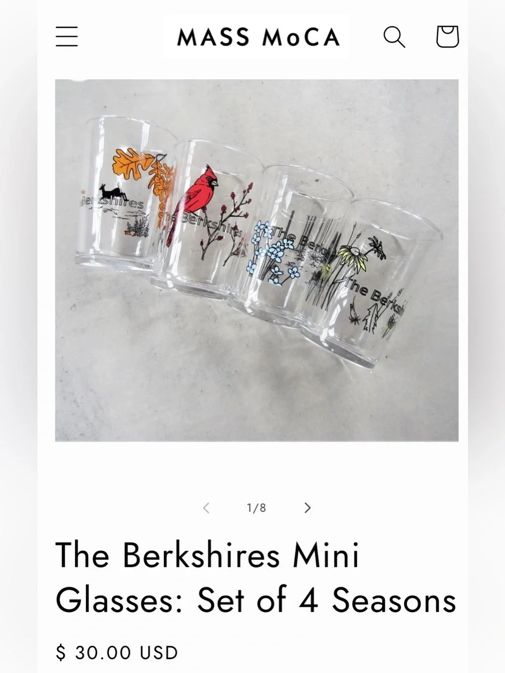 The Berkshires Seasons Glasses Set of Four 7oz Made In USA Mass MoCA NIB